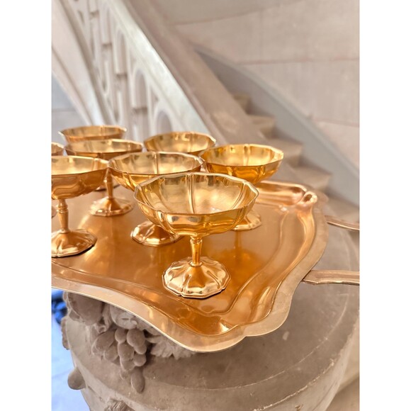 Vintage dessert coupes set, 8 footed metal bowls with tray, ice cream cups - Picture 2 of 6